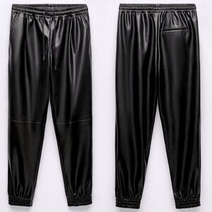 Zara FAUX LEATHER JOGGING TROUSERS PANTS High Waist Pockets Drawstring Black NEW